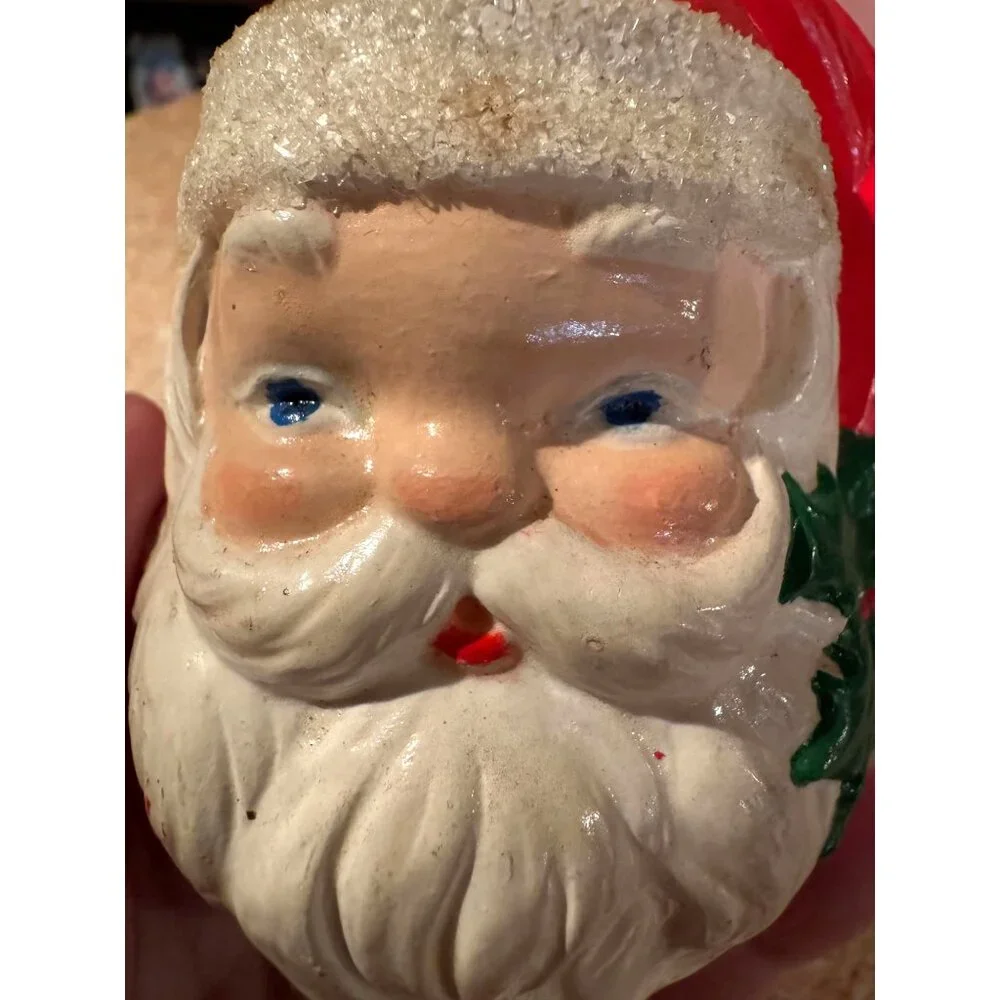 Vintage‎ 1980 Santa Head Ornament – Glitter Trim, Hand-Painted Details 🎅✨